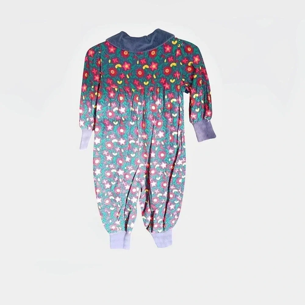 Vintage Gymboree Floral Cotton Playsuit With Blue Velvet Collar & Cuffs Size XS